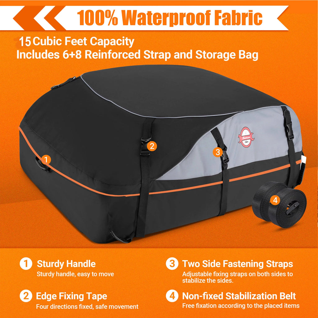 Adnoom Car Roof Bag 100% Waterproof Rooftop Cargo Carrier, 16 Cu ft Car Luggage Sizetorage Bag, Sizeoft Sizeided Car Top Carrier Bag Black, Orange