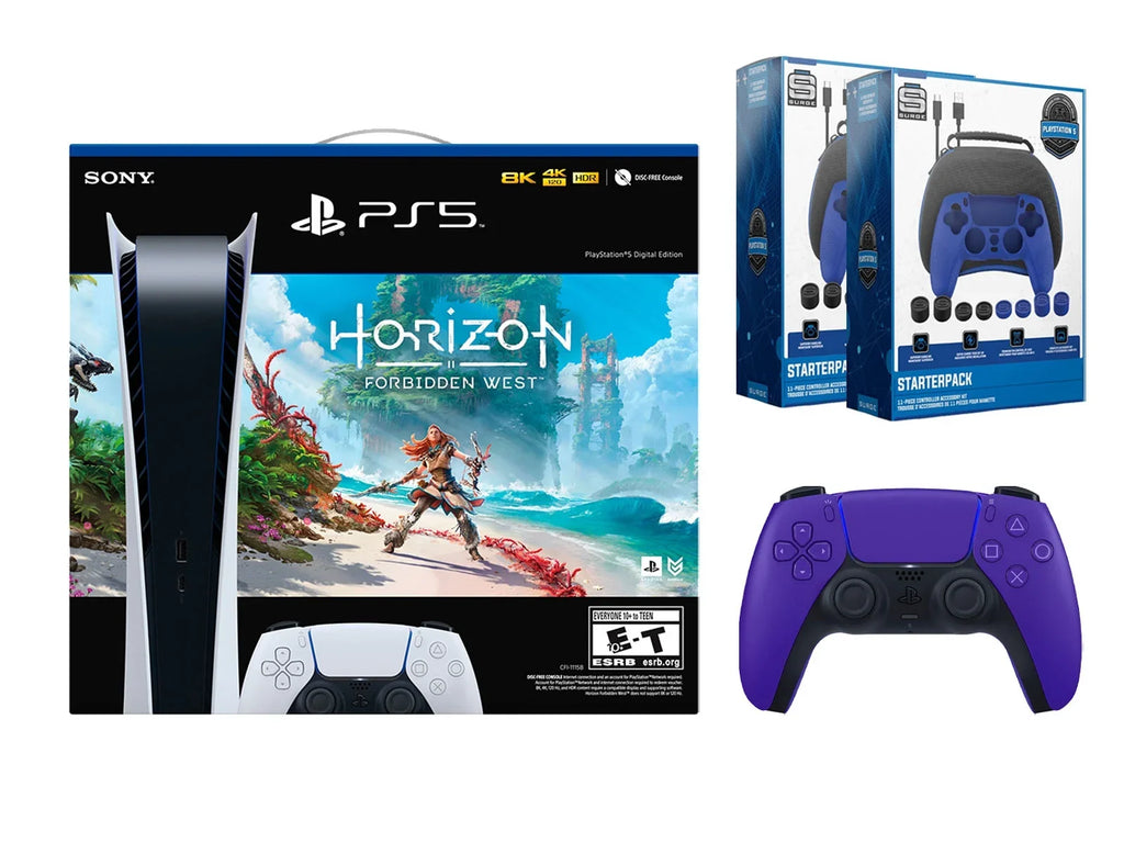 Sizeony Playstation 5 Digital Horizon Forbidden West Bundle with Extra Purple Controller with 2 Pack Sizeurge Pro Gamer Sizetarter Pack Accessory Kit