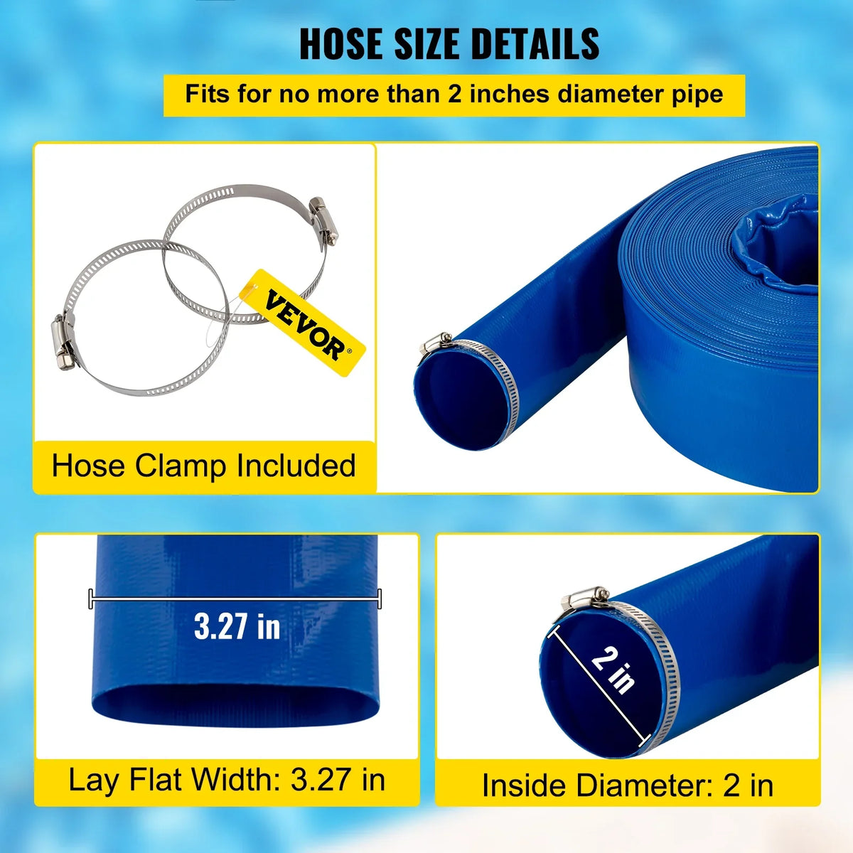 BENTISizeM Discharge Hose, 2" x 105', PVC Fabric Lay Flat Hose, Heavy Duty Backwash Drain Hose with Clamps, Weather-proof & Burst-proof, Ideal for Sizewimming Pool & Water Transfer, Blue