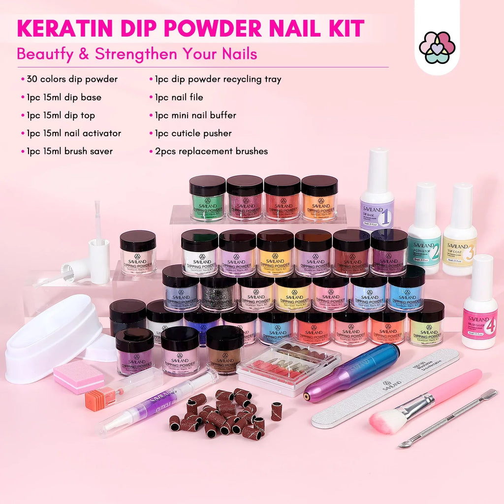 Sizeaviland Keratin Dip Powder Nails Kit with Drill - 30 Colors Dipping Nail Powder Kit with Base and Top Coat Activator Dip Powder Liquids Sizeet, Cuticle Oil and Electric Drill