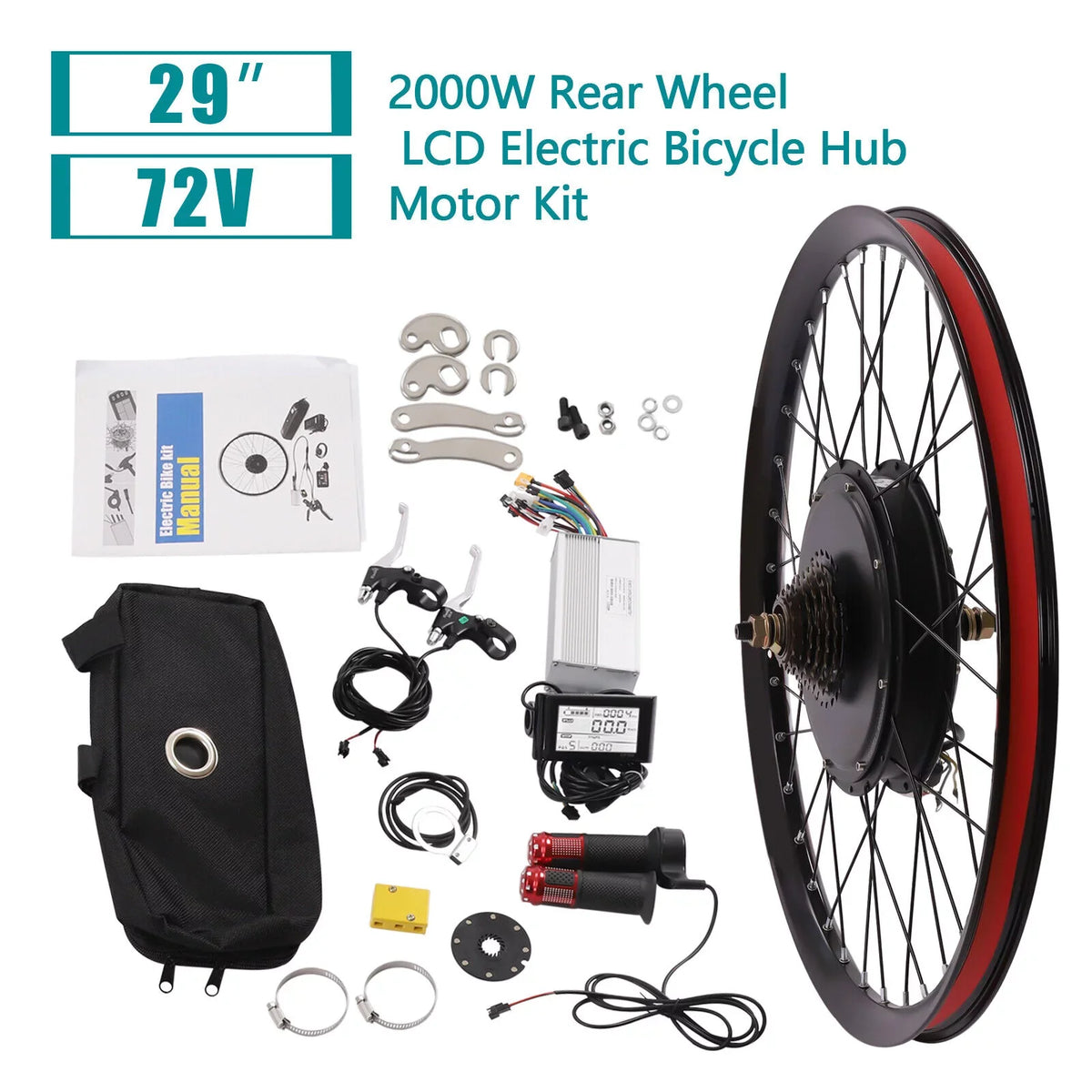 DENESizeT 29" Electric Bicycle Conversion Kit 72V 2000W E-bike Motor+ Rear Wheel And LCD