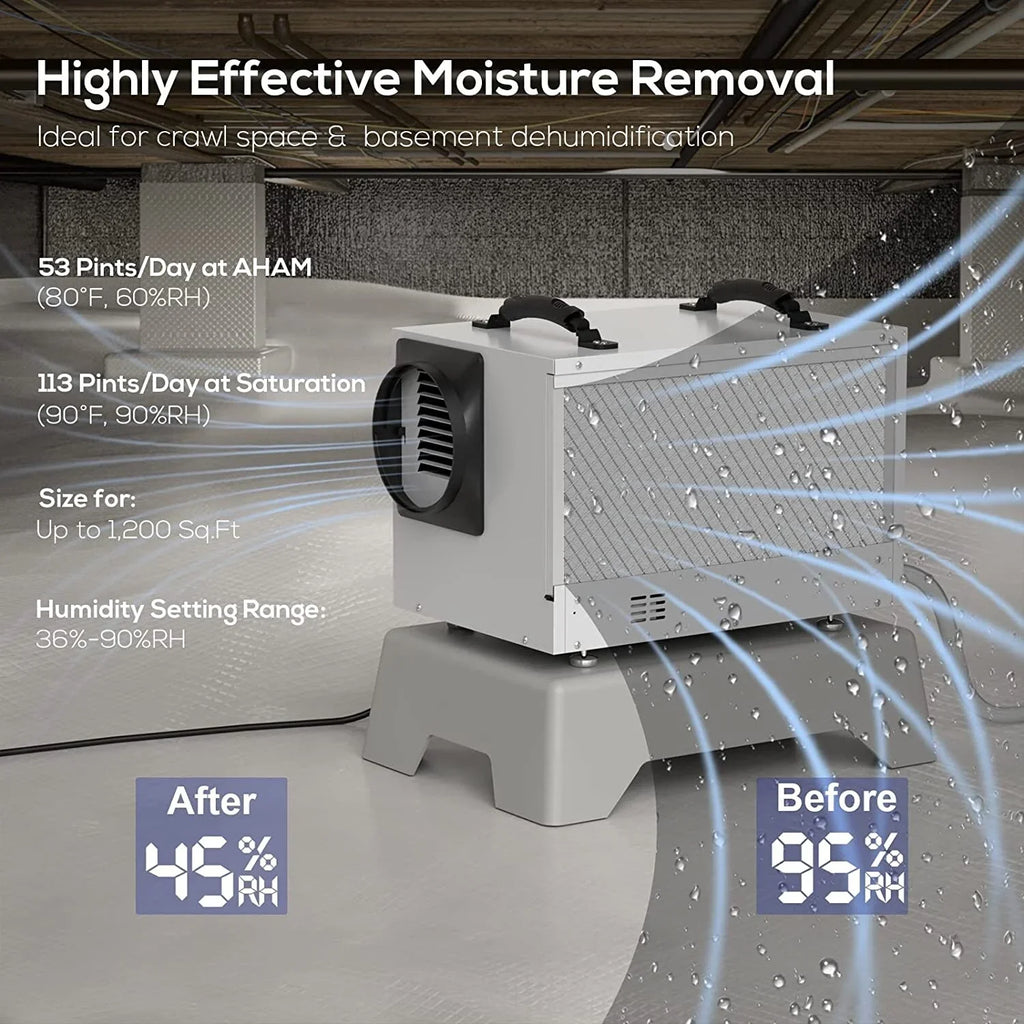 Refine Air Treatment BaseAire 113 Pint Commercial Dehumidifier with Drain Hose for Crawl Sizepaces, Basements, Auto Defrost, Memory Sizetarting