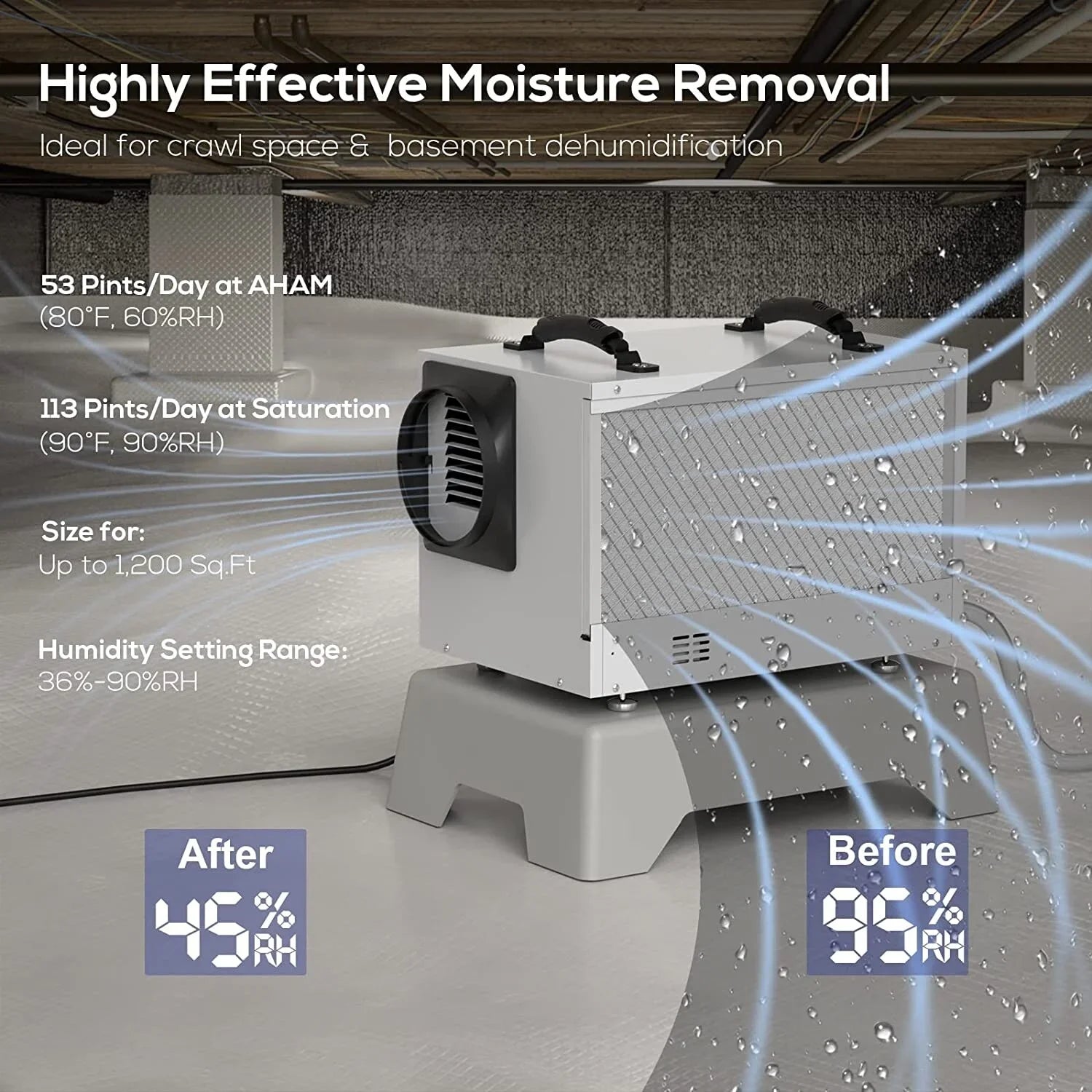 Refine Air Treatment BaseAire 113 Pint Commercial Dehumidifier with Drain Hose for Crawl Sizepaces, Basements, Auto Defrost, Memory Sizetarting