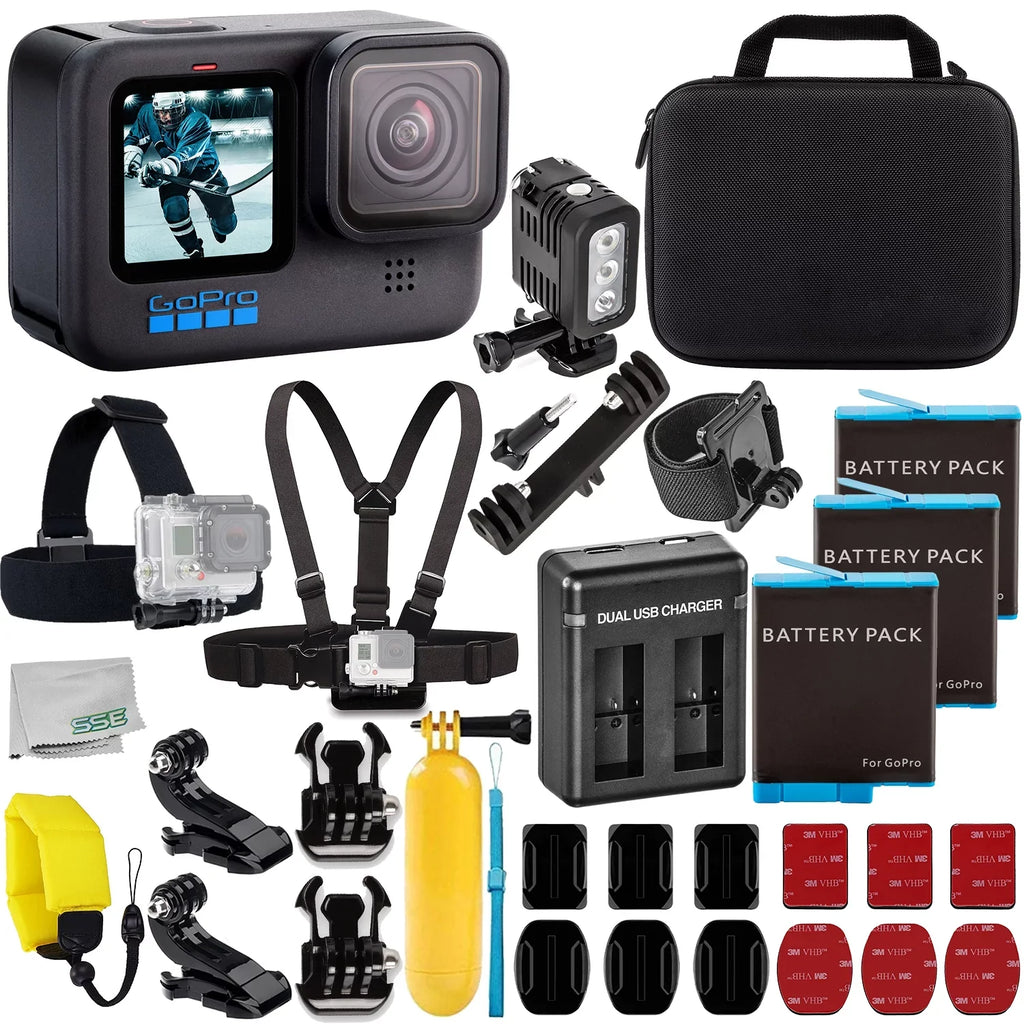 GoPro HERO10 (Hero 10) Black with Deluxe Accessory Bundle: 3x Replacement Batteries, Dual USizeB Charger, Underwater LED Light with Bracket, Water Resistant Action Camera Case, & Much More
