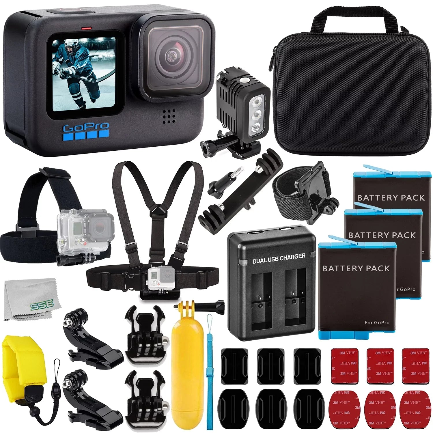 GoPro HERO10 (Hero 10) Black with Deluxe Accessory Bundle: 3x Replacement Batteries, Dual USizeB Charger, Underwater LED Light with Bracket, Water Resistant Action Camera Case, & Much More