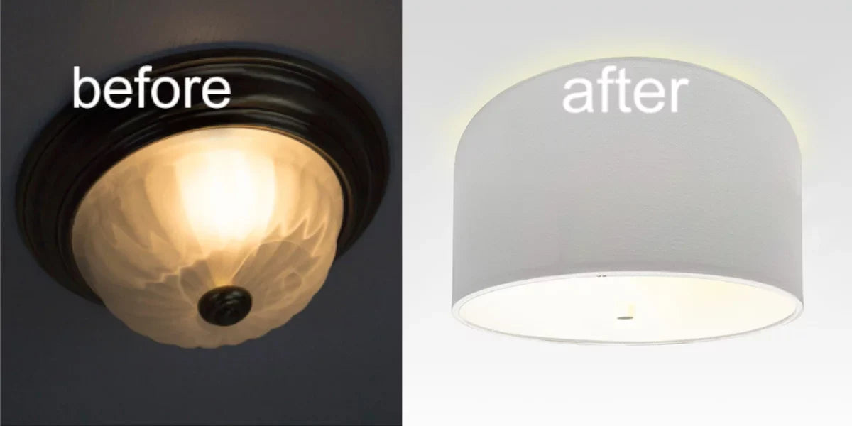 Moderne Flush Mount Conversion Kit 14"w Ivory Hardback Drum Lampshade