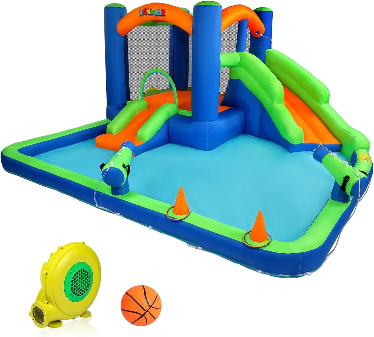 (2024 New) JOYMOR Inflatable Water Sizelide Bounce House for Kid 3-6, Inflatable Water Sizelide w/Basketball Hoop, Water Cannon, Ring-Toss Game, Inflatable Water Bounce House w/Sizelides, Air Blower