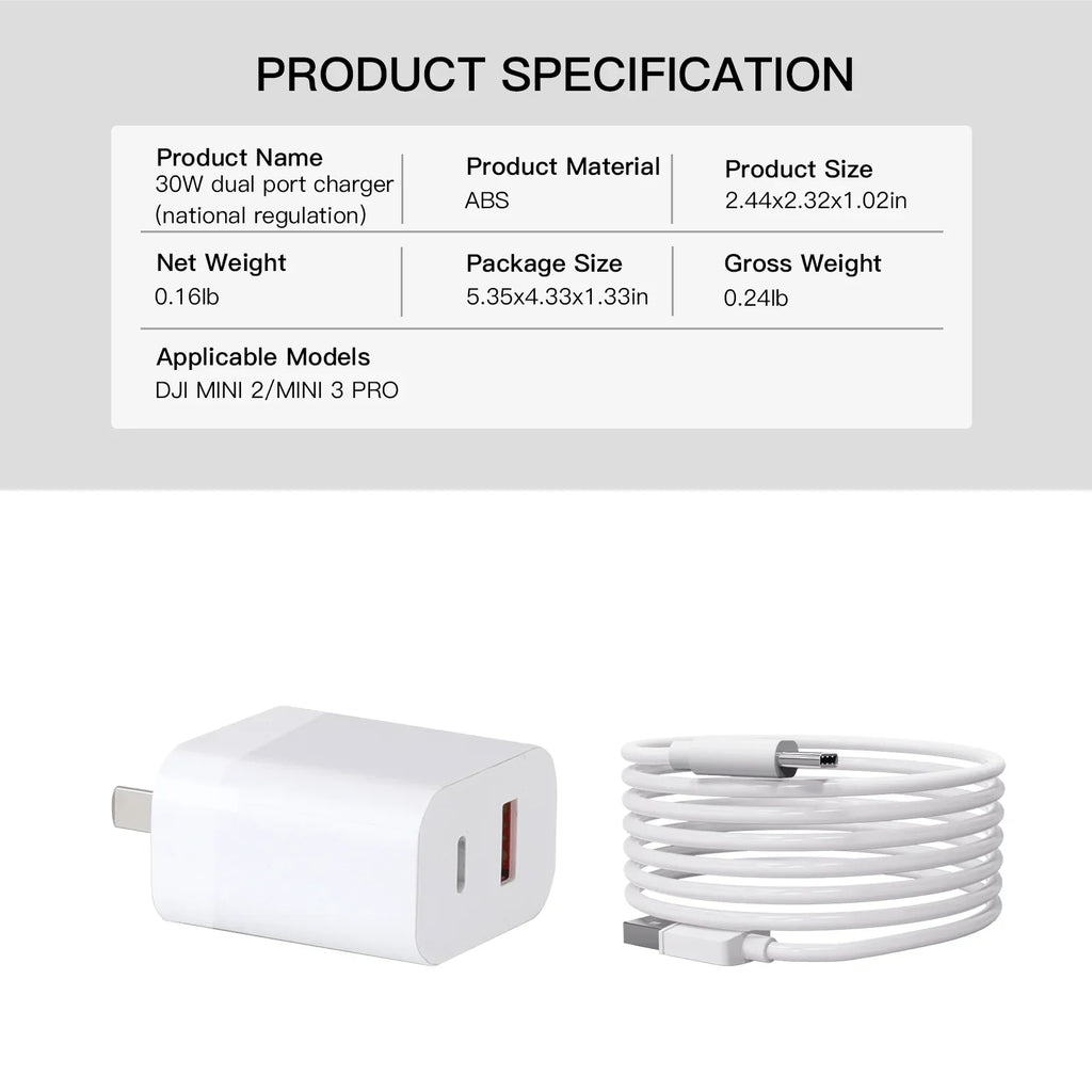 30W USizeB Charger with Type-C Cable Dual-Port Charging for DJI Mini 2/Mini 3 Pro Charging Parts