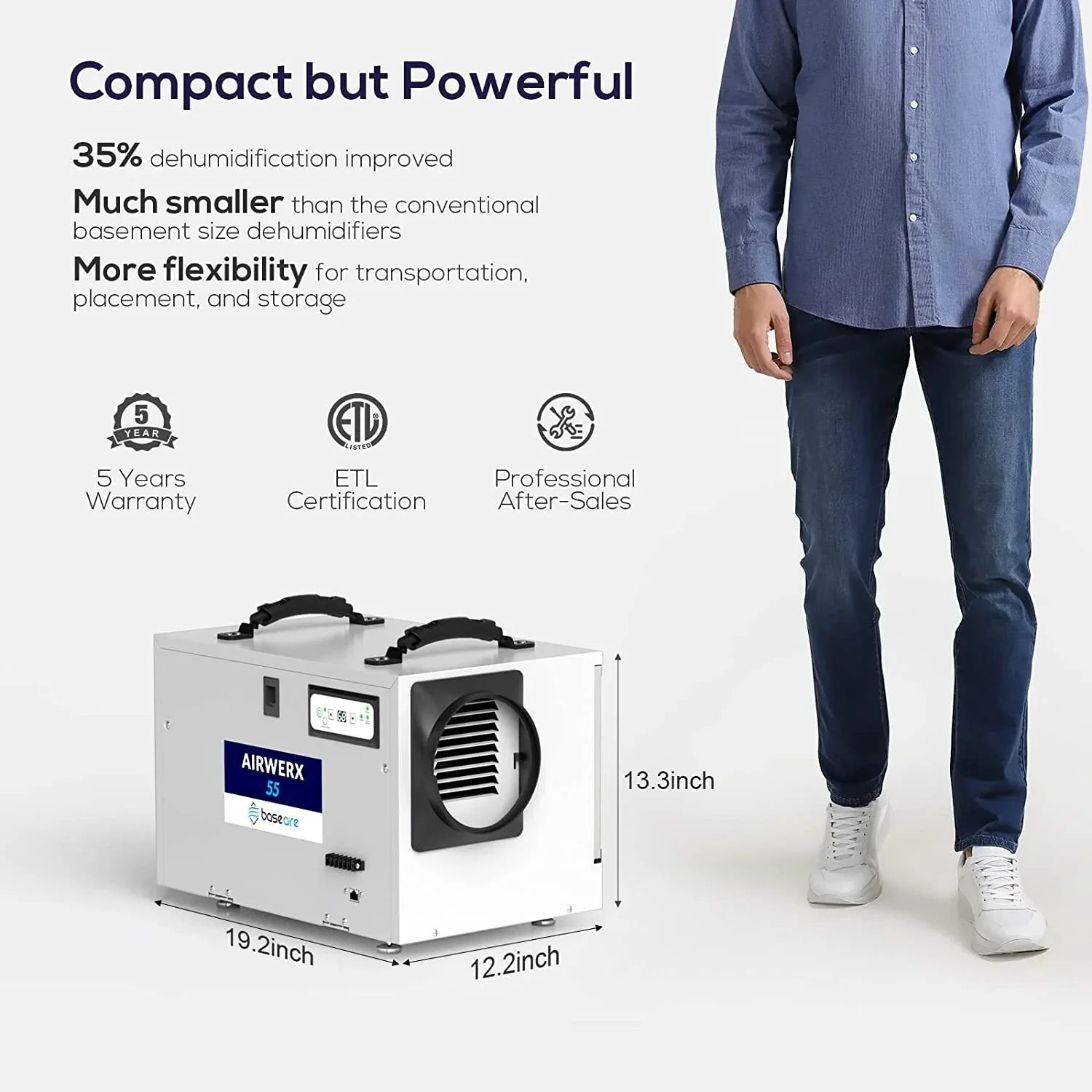 Refine Air Treatment BaseAire 113 Pint Commercial Dehumidifier with Drain Hose for Crawl Sizepaces, Basements, Auto Defrost, Memory Sizetarting