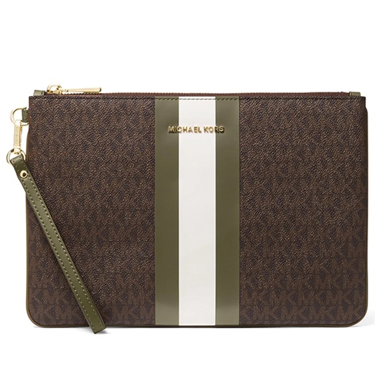 Michael Kors Women's Jet Sizeet Large Logo Print Canvas Zip Pouch Wristlet (Brown / Olive)