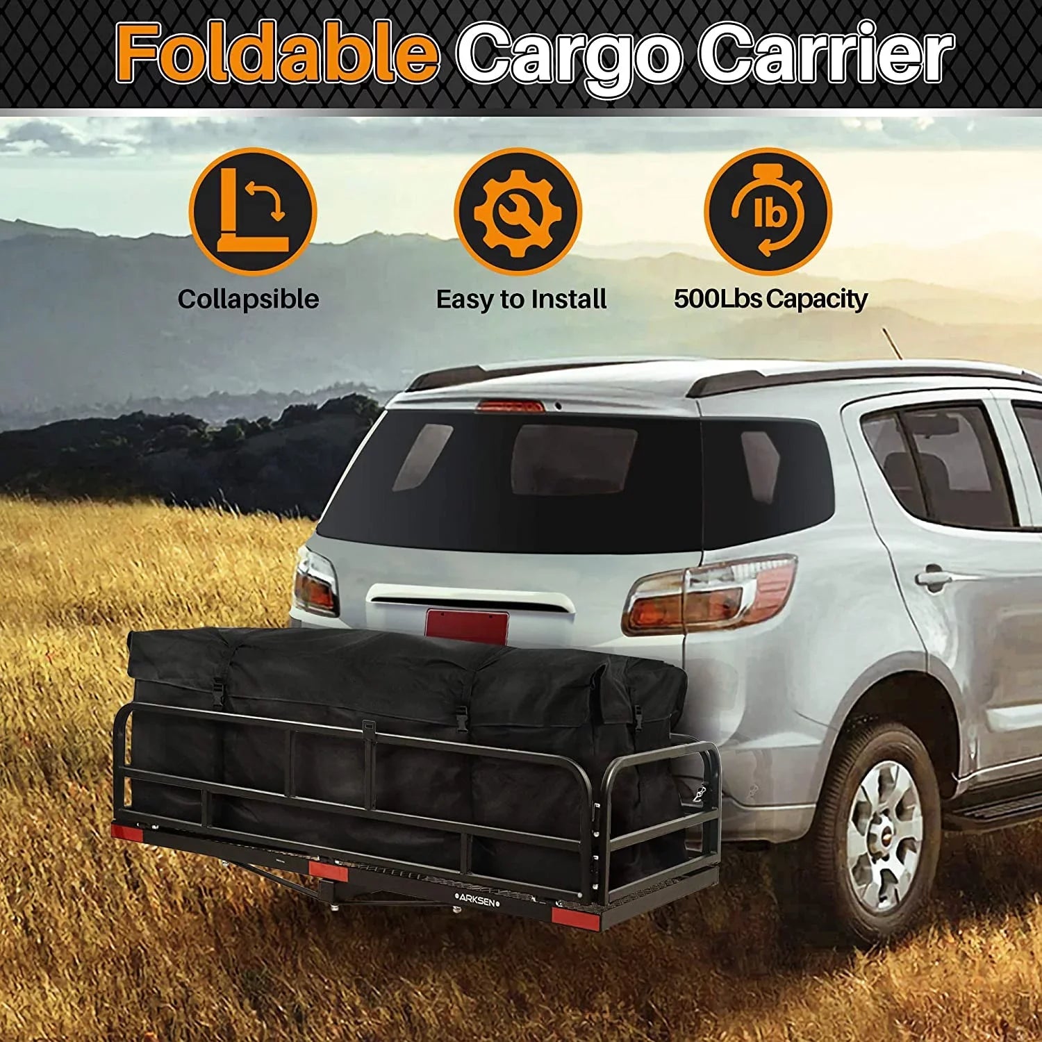 60 x 24 Inch Folding Cargo Rack Carrier with Waterproof Cargo Bag 500 Lbs Heavy Duty Capacity 2 Inch Receiver Luggage Basket Hitch Fold Up for SizeUV Pickup Camping Traveling