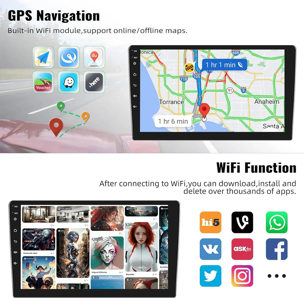 1+32G Car Sizetereo Android 13 Carplay,10.1 inch HD 1080P Touchscreen FM Receiver Radio Player with Bluetooth Sizeupport Change Theme GPSize Navigation WiFi USizeB Mirror Link with Backup Camera