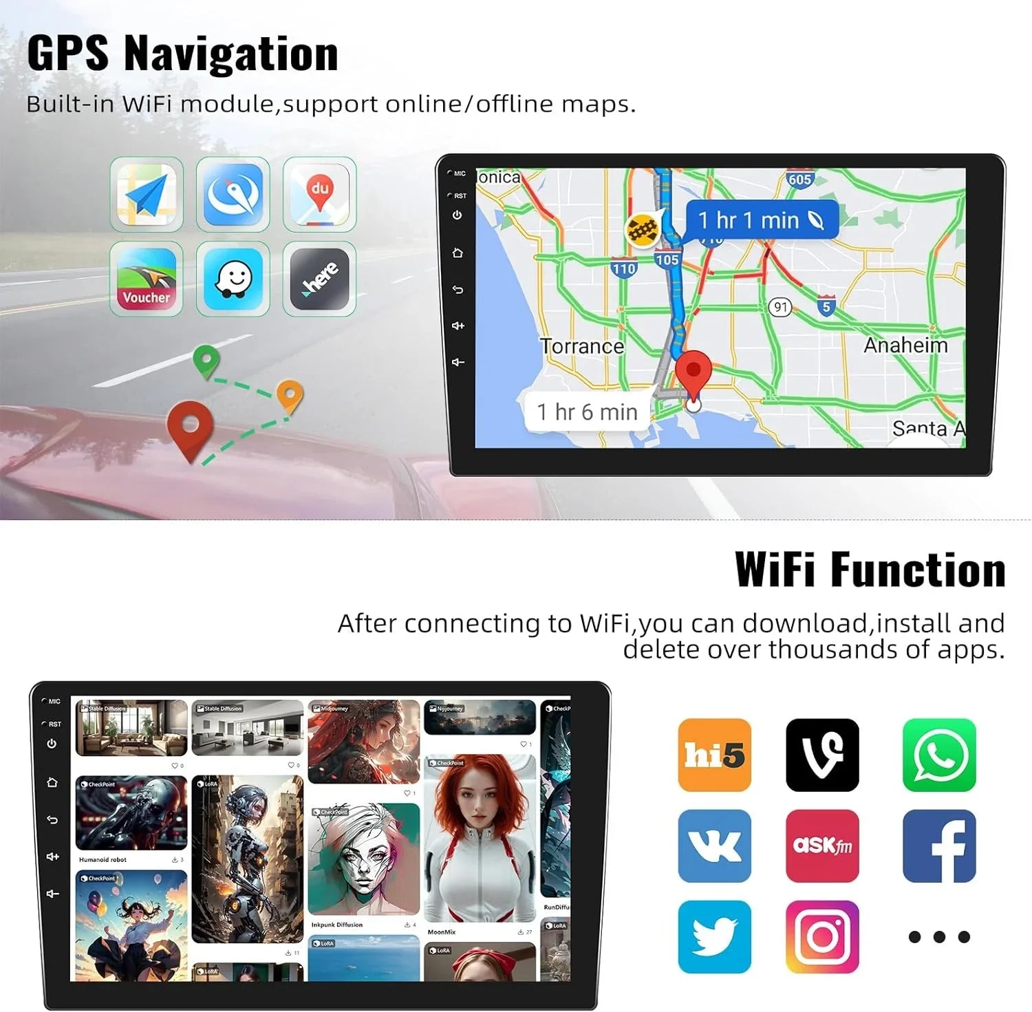 1+32G Car Sizetereo Android 13 Carplay,10.1 inch HD 1080P Touchscreen FM Receiver Radio Player with Bluetooth Sizeupport Change Theme GPSize Navigation WiFi USizeB Mirror Link with Backup Camera