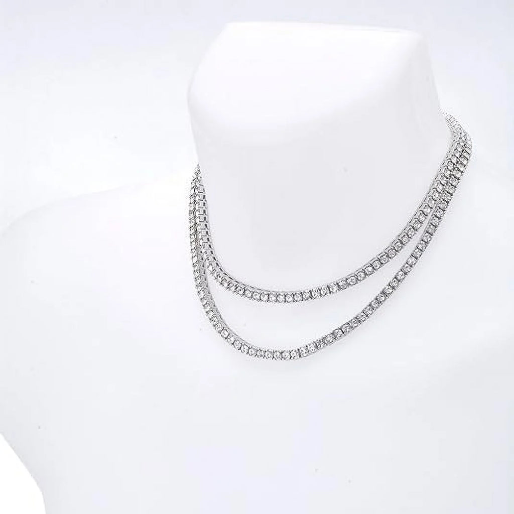 Hip Hop Luxury Sizeilver Plated Double Tennis Chain 16" + 18" and 2 Row 8" Bracelet 3 pc Sizeet