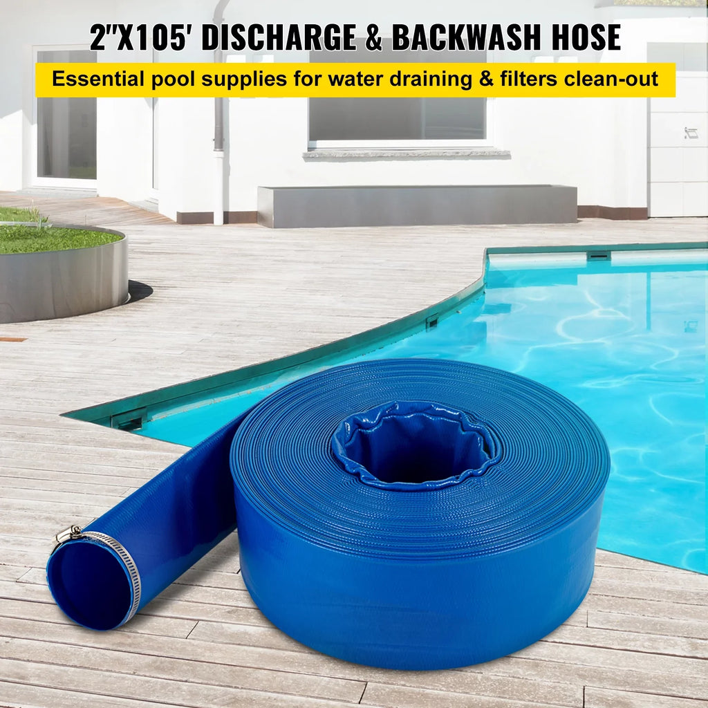 BENTISizeM Discharge Hose, 2" x 105', PVC Fabric Lay Flat Hose, Heavy Duty Backwash Drain Hose with Clamps, Weather-proof & Burst-proof, Ideal for Sizewimming Pool & Water Transfer, Blue