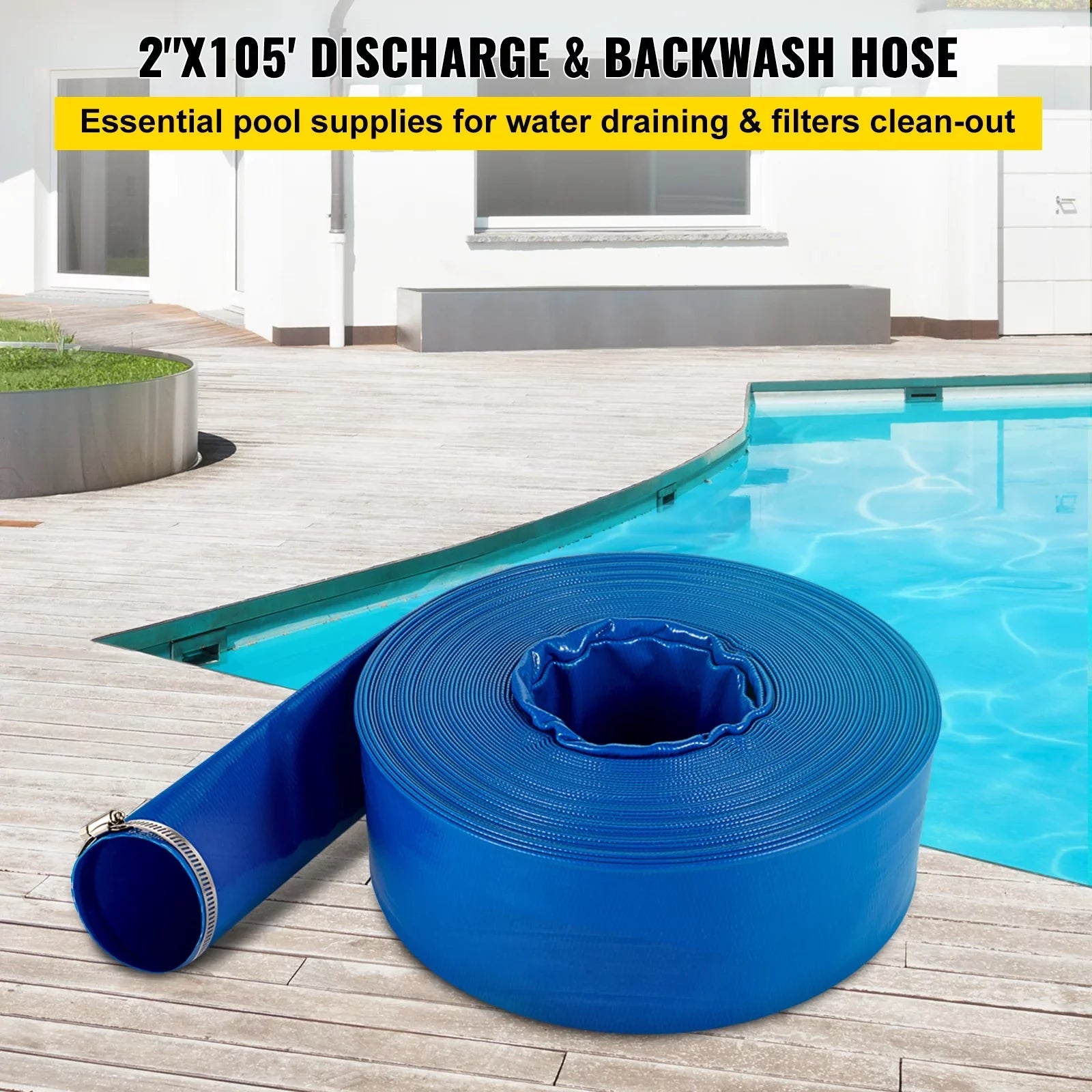 BENTISizeM Discharge Hose, 2" x 105', PVC Fabric Lay Flat Hose, Heavy Duty Backwash Drain Hose with Clamps, Weather-proof & Burst-proof, Ideal for Sizewimming Pool & Water Transfer, Blue