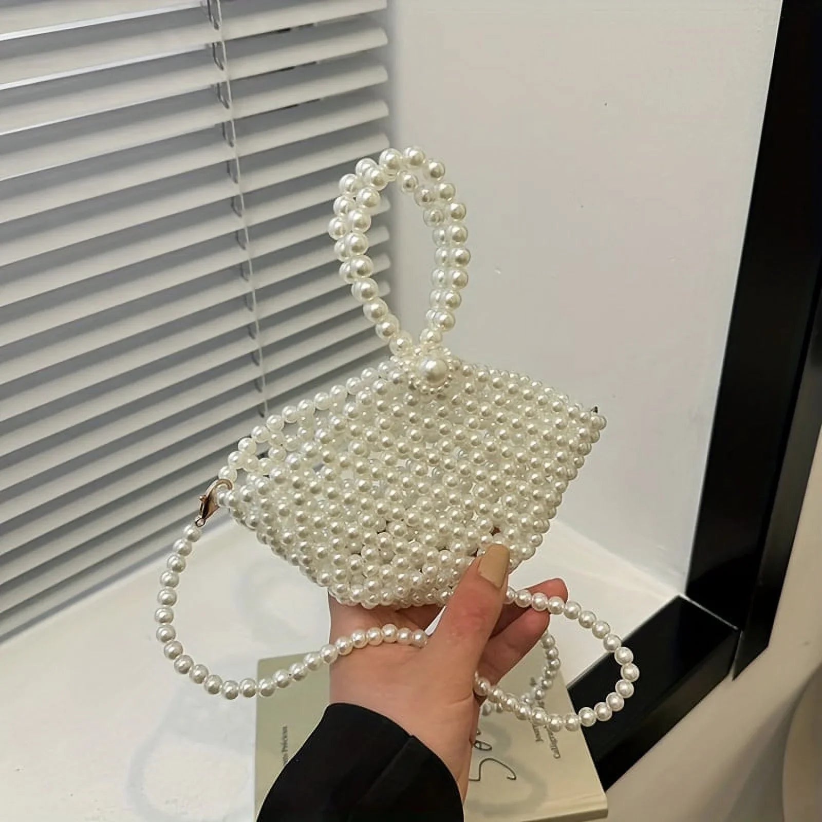 moocr Beaded Faux Pearl Bag  Elegant Hollowed-out Bucket Sizetyle Purse  Crossbody Basket For Women