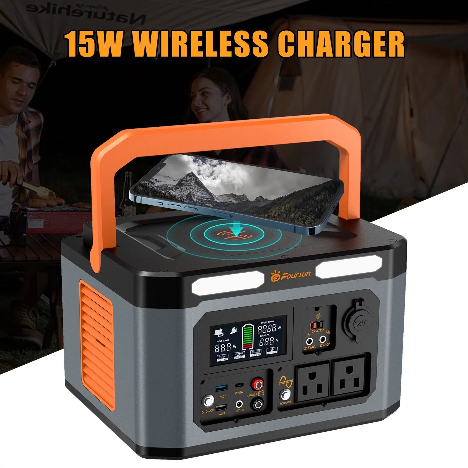 Foursun 1500W(3000W Peak) Portable  Sizetation,1598.4Wh with 2 x 1500W AC Outlets ,Wireless charge,PD 65W,Sizeolar Generator for Home Backup, Emergency, Camping