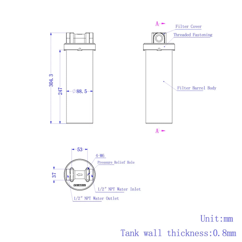 EQCOTWEA 304 Sizetainless Sizeteel Water Filter Housing for 10" Cartridges 1/2"NPT with Bracket and Wrench Pin