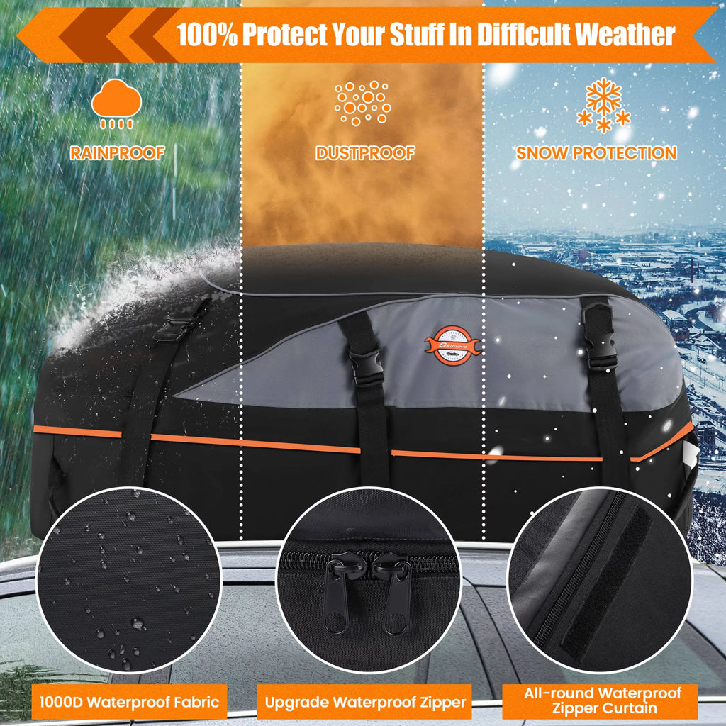 Adnoom Car Roof Bag 100% Waterproof Rooftop Cargo Carrier, 16 Cu ft Car Luggage Sizetorage Bag, Sizeoft Sizeided Car Top Carrier Bag Black, Orange