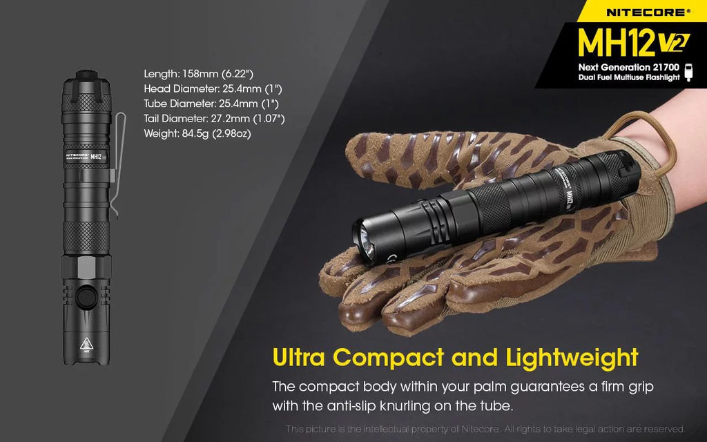Combo: Nitecore MH12 V2 CREE XP-L2 V6 LED Flashlight -1200 Lumens -21700 Battery (Included) + NL2150HPi 21700 5000mAh Battery