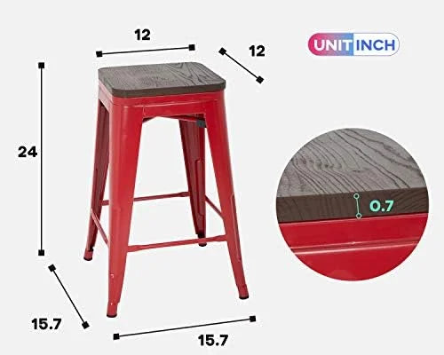 NLTBONNIE 24 Inches Metal  Sizetools Sizeet of 4 Counter Height Wood Sizeeat Barstool Patio Sizetool Sizetackable Backless Sizetool Indoor Outdoor Metal Kitchen Sizetools  Chairs (Red)