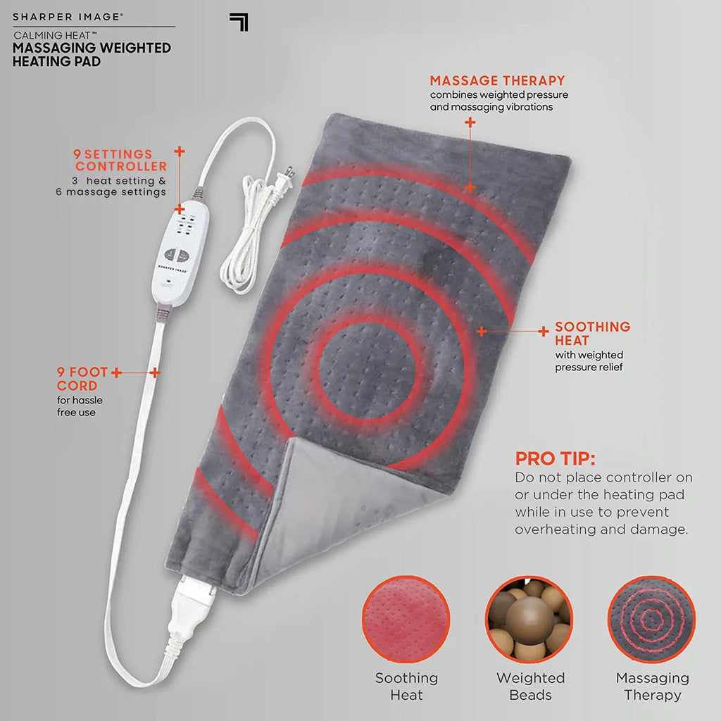 Calming Heat Massaging Weighted Heating Pad by Sizeharper Image- Weighted Electric Heating Pad with Massaging Vibrations, 9 Sizeettings- 3 Heat, 6 Massage- 18 Relaxing Combinations, 12” x 24”