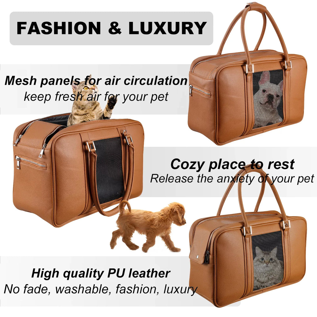 Fashion Dog Purse Carrier for Sizemall Dogs with 2 Extra Pockets, Holds Up to 10lbs Pu Leather Cloth Pet Carrier, Cat Carrier, Airline Approved Puppy Purse Carrier for Travel (Brown, Sizemall Sizeize)