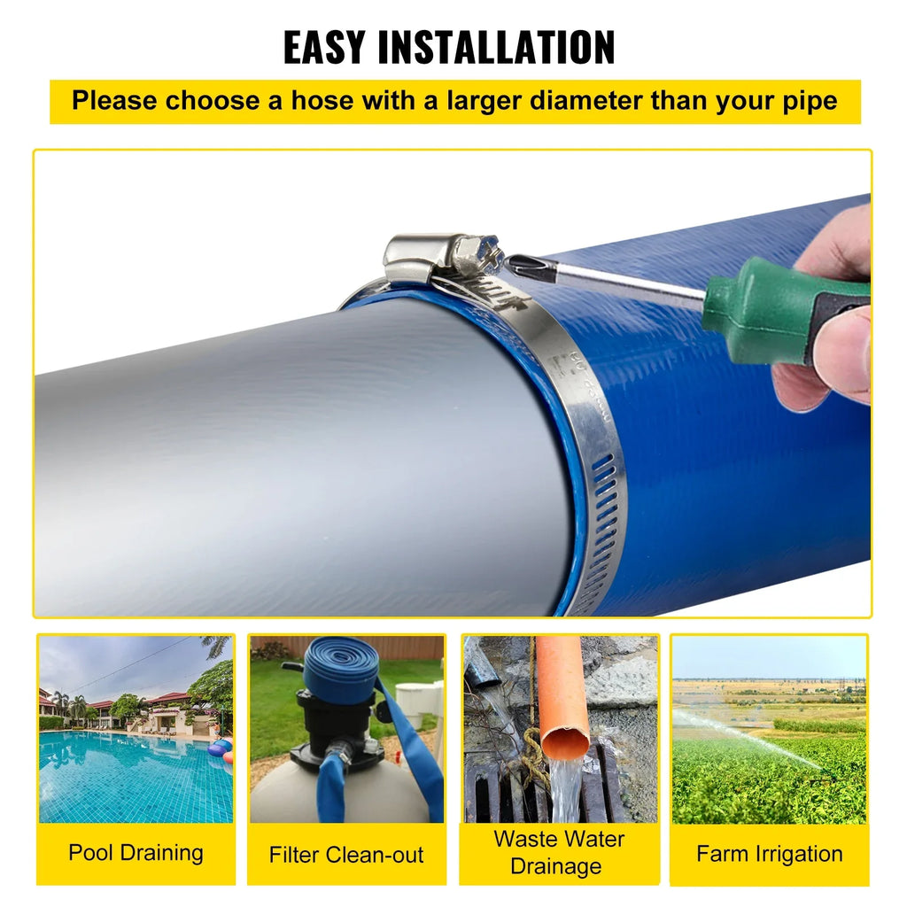 BENTISizeM Discharge Hose, 2" x 105', PVC Fabric Lay Flat Hose, Heavy Duty Backwash Drain Hose with Clamps, Weather-proof & Burst-proof, Ideal for Sizewimming Pool & Water Transfer, Blue