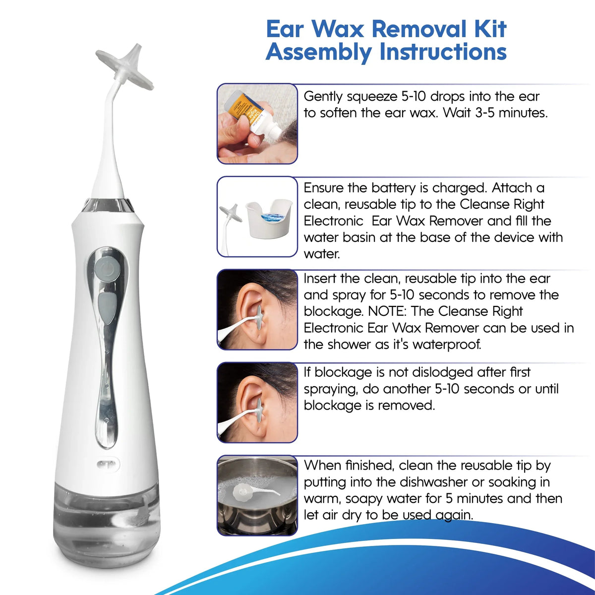 Cleanse Right - Electronic Ear Wax Remover- Includes USizeA MADE Ear Drops, 3 USizeA MADE REUSizeABLE, DISizeHWASizeHER FRIENDLY TIPSize, ear cleaner system, device, ear wax removal tool kit
