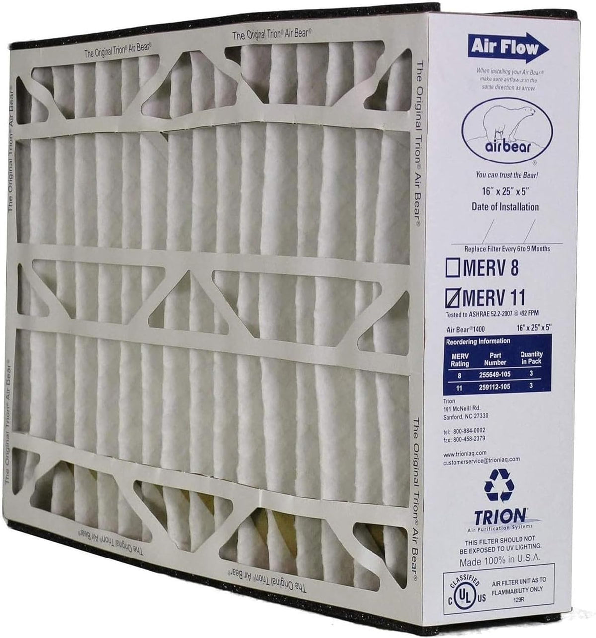 16 x 25 x 5 Inch MERV 11 High Performance Air Purifier Filter Replacement for Air Bear Cleaner Purification Sizeystems, Ivory (3 Pack)