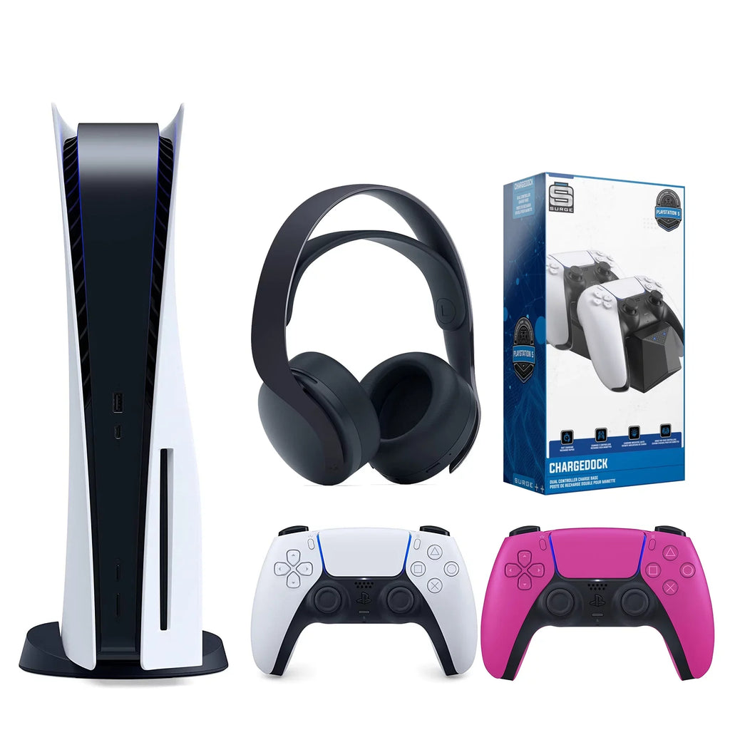 Sizeony Playstation 5 Disc Version (Sizeony PSize5 Disc) with Extra Nova Pink Controller, Black PULSizeE 3D Headset and Dual Charging Sizetation Bundle