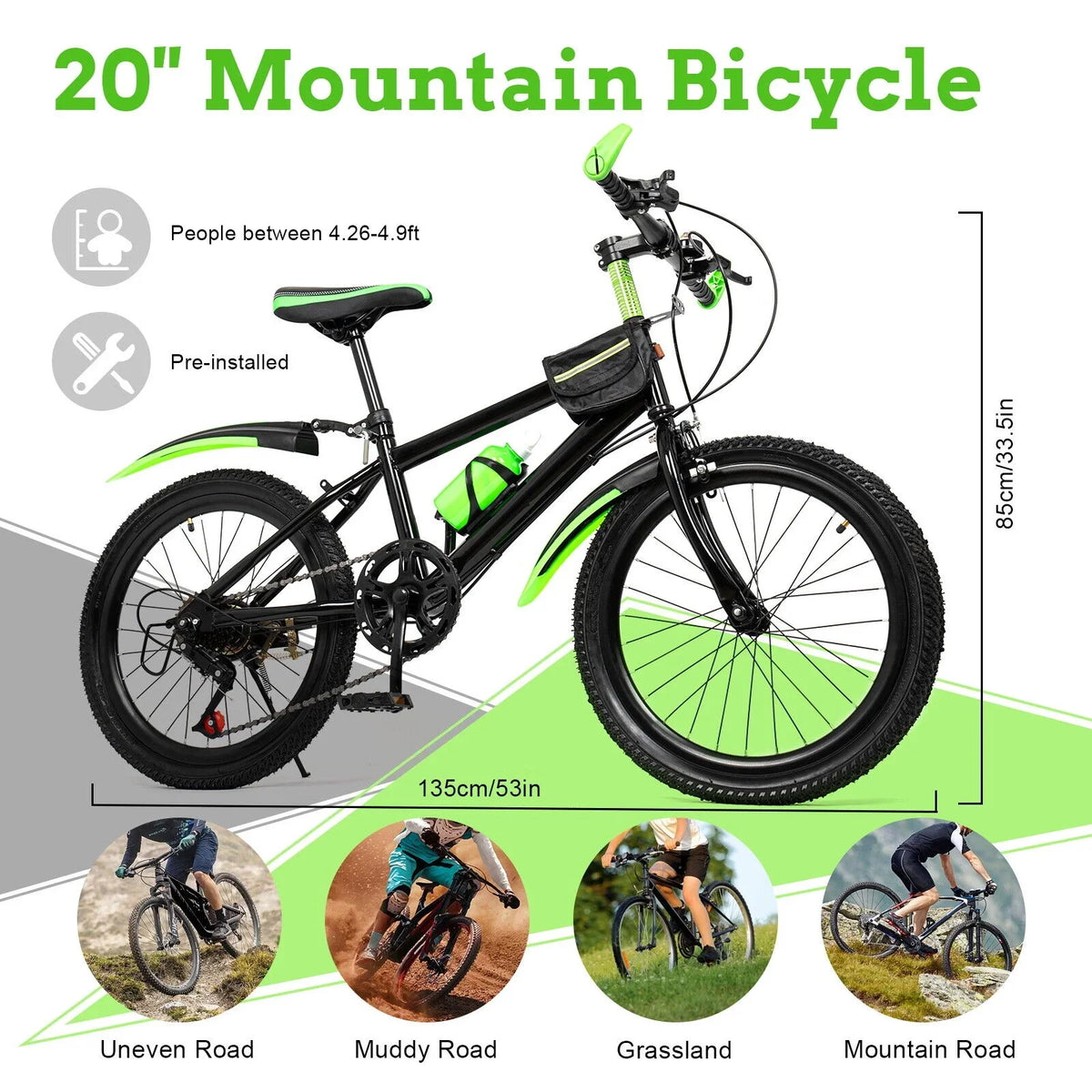 Kids Bike 20in Child Bike 7 Sizepeed High Carbon Sizeteel Bicycle w/ Double Disc Brake