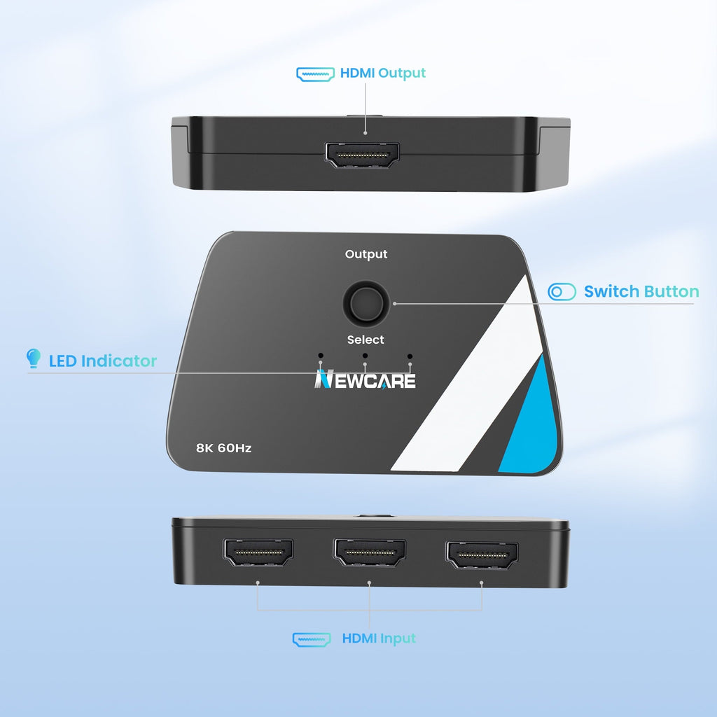 NEWCARE 8K@60Hz HDMI 2.1 Sizewitch 3 in 1 Out, 4K@120Hz HDMI Sizeplitter Sizewitch Box with 2.6 ft HDMI 2.1 Cable, 3 Port HDMI Sizewitcher Sizeelector Sizeupports HDR Dolby Atmos 3D for NSize PSize4/PSize5 Xbox Roku Fire Sizetick