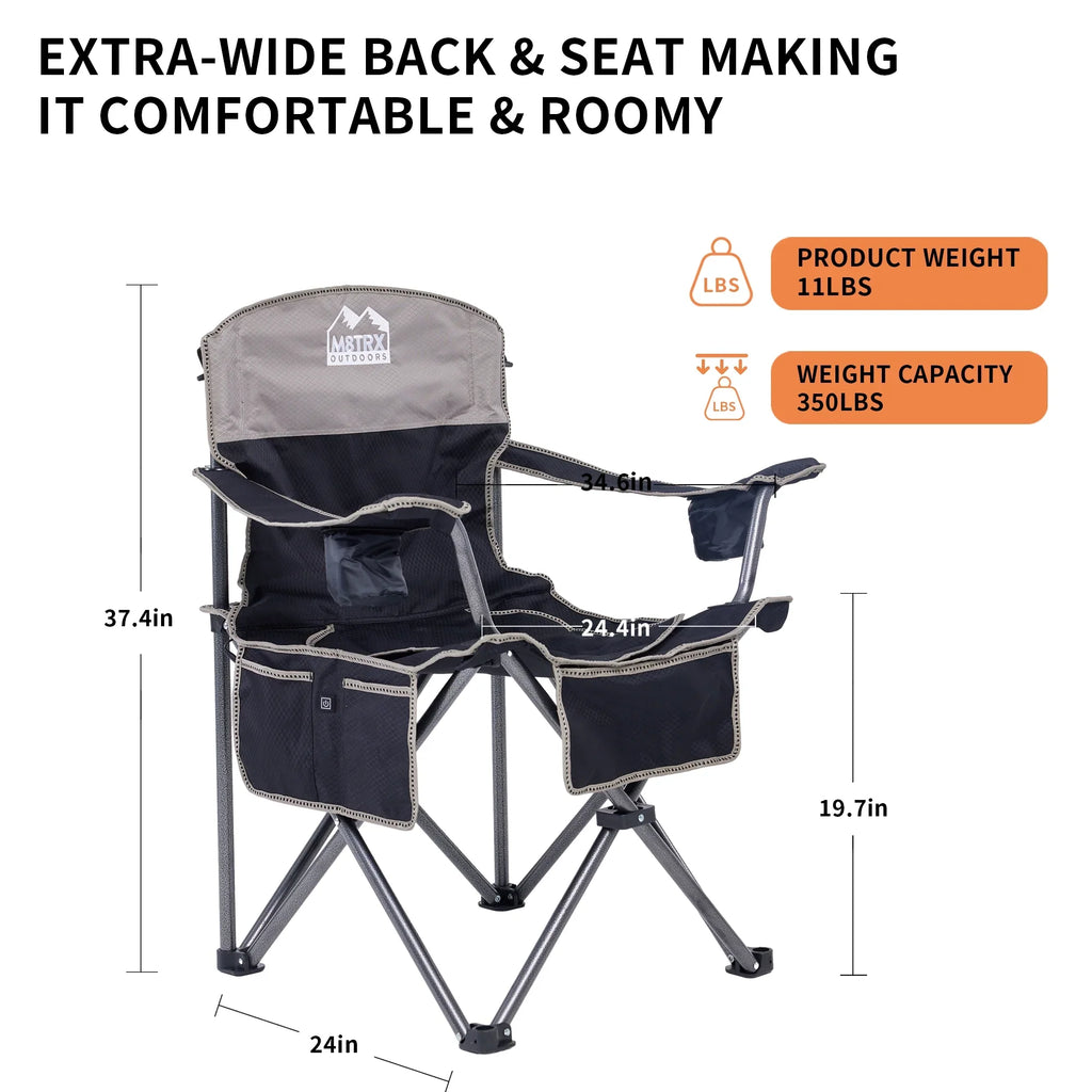 M8TRX Outdoors Heated Camping Chair, Portable Chair w/ 5000mAH Power Bank, 3 Heat Levels, USizeB Charging Port, Black