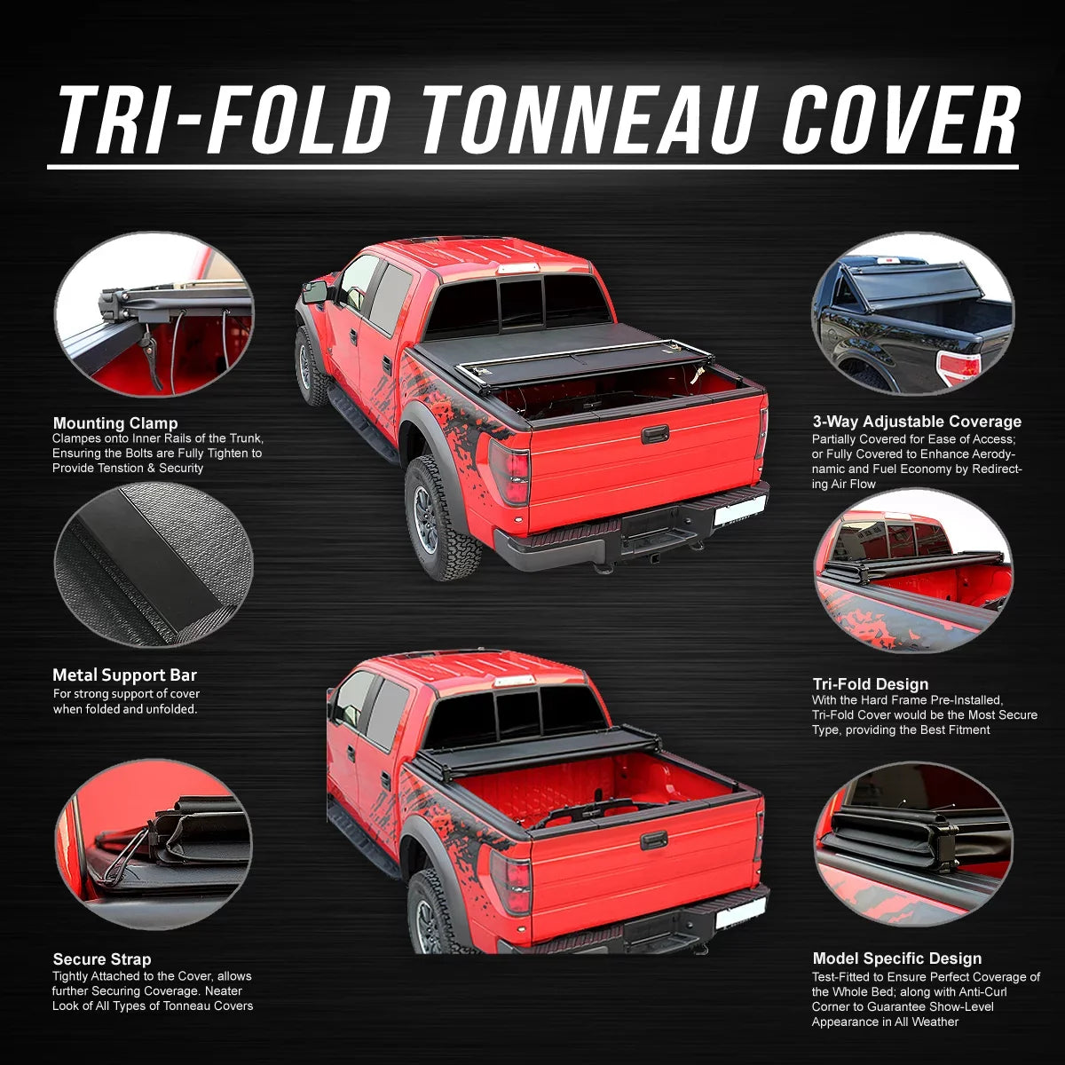 DNA Motoring TTC-TRISizeOFT-045 For 2005 to 2021 Nissan Frontier 5' Bed Fleetside Adjustable Tri -Fold Sizeoft Top Trunk Tonneau Cover