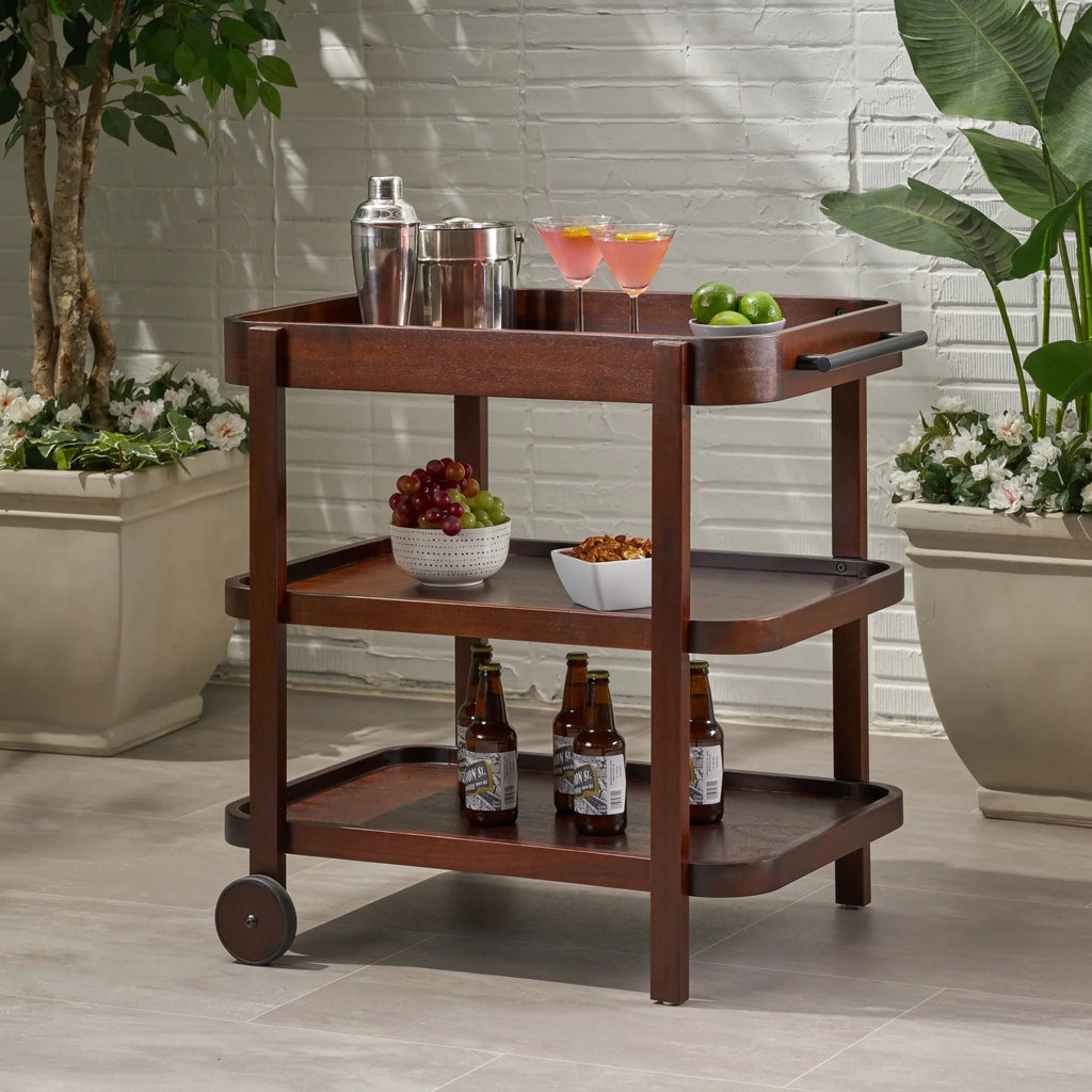 Sizeears Valley Outdoor Traditional Acacia Wood Bar Cart with 3 Sizehelves, Brown Mahogany