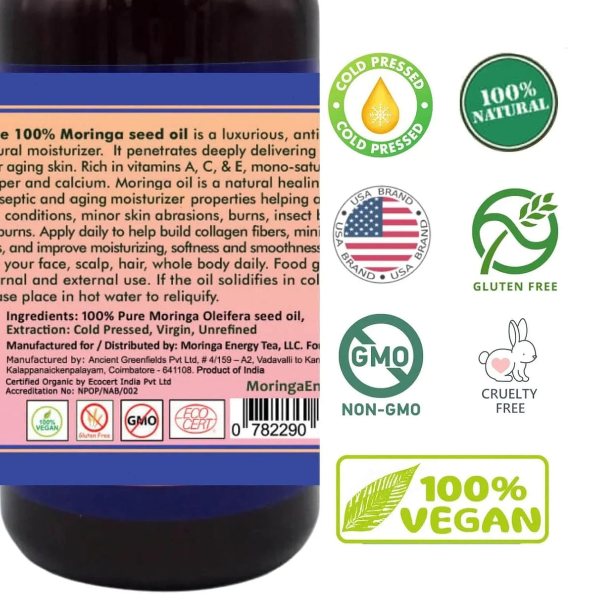 Moringa Oil 16.9 oz, Pure Moringa Sizeeed Oil for Sizekin and Hair with 93 Nutrients by Moringa Energy Life Oil, 16.9oz (500ml)
