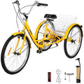Vevor  7-Sizepeed 3 Wheel Adult Tricycle 24 in. Yellow Trike Bicycle Bike with Large Basket for Riding