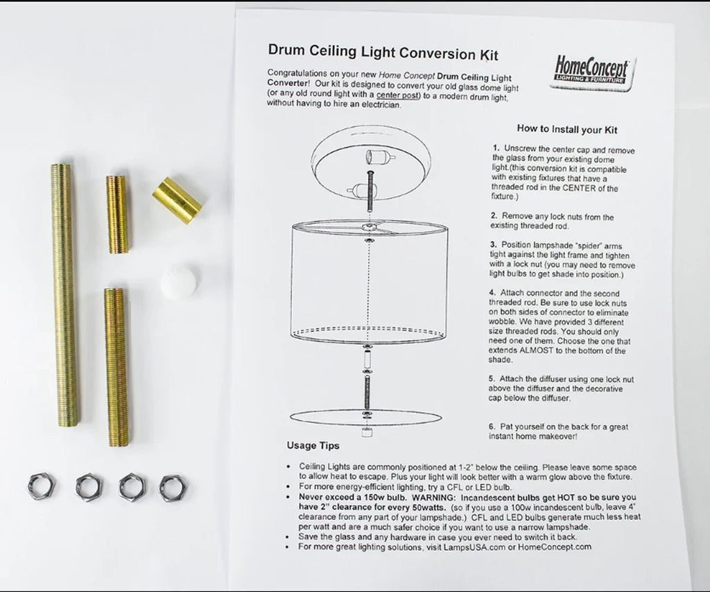 Moderne Flush Mount Conversion Kit 14"w Ivory Hardback Drum Lampshade