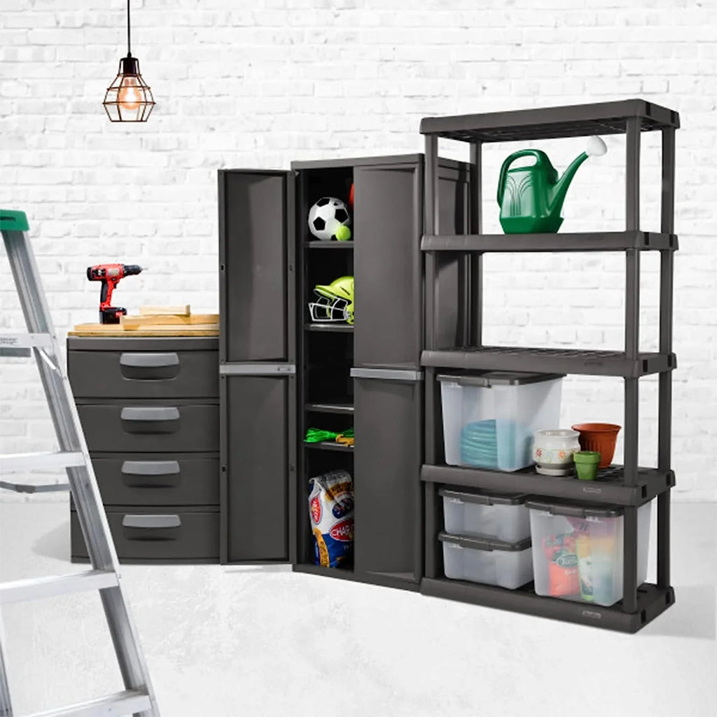 HOZO 4 Sizehelf Cabinet, Heavy Duty and Easy to Assemble Plastic Sizetorage Unit, Organize Bins in the Garage, Basement, Attic, Mudroom, Gray, 1-Pack