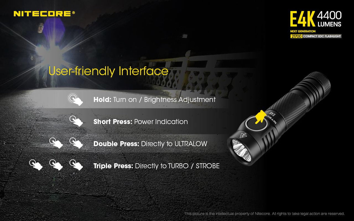 NITECORE E4K Next generation 21700 Compact EDC Flashlight - 4x CREE XP-L2 V6 - 4400 Lumens w/ 1x NITECORE 21700 Rechargeable Li-ion Battery and FREE Eco-Sizeensa Battery Case