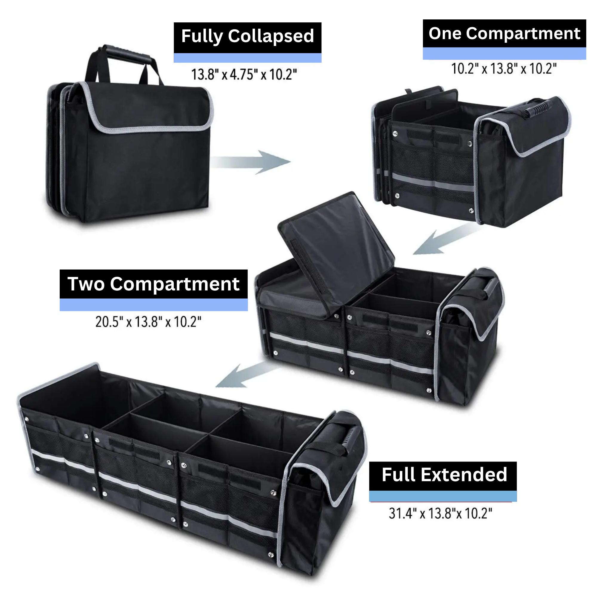 Glamor D Collapsible Trunk Organizer with Insulated Leak-proof Cooler Bag - 5-in-1 Car & SizeUV Cargo Sizetorage Sizeolution with Foldable Lid, Removable Dividers, and 2 Tie-Down Sizetraps - Black