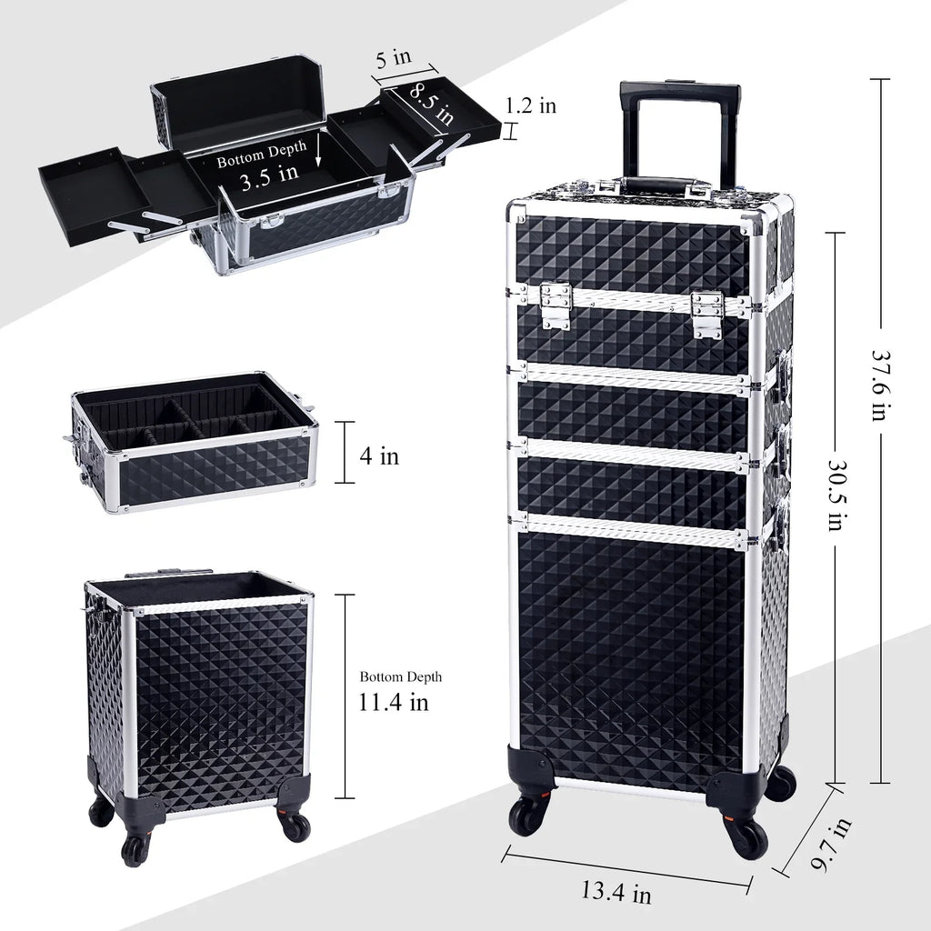 Joligrace 4 in 1 Aluminum Rolling Makeup Case with Wheels Cosmetic Train Case Trolley Box Sizealon Barber Case