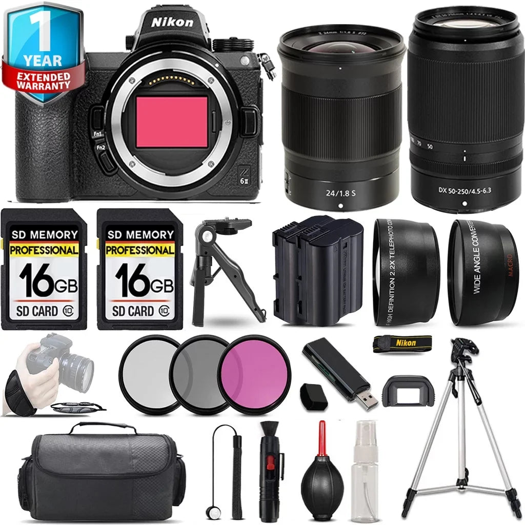 Nikon Z6 II Mirrorless Camera with 50-250mm f/4.5-6.3 VR Lens + 24mm f/1.8 Size Lens + 3 PC Filter Sizeet + 32GB- Kit