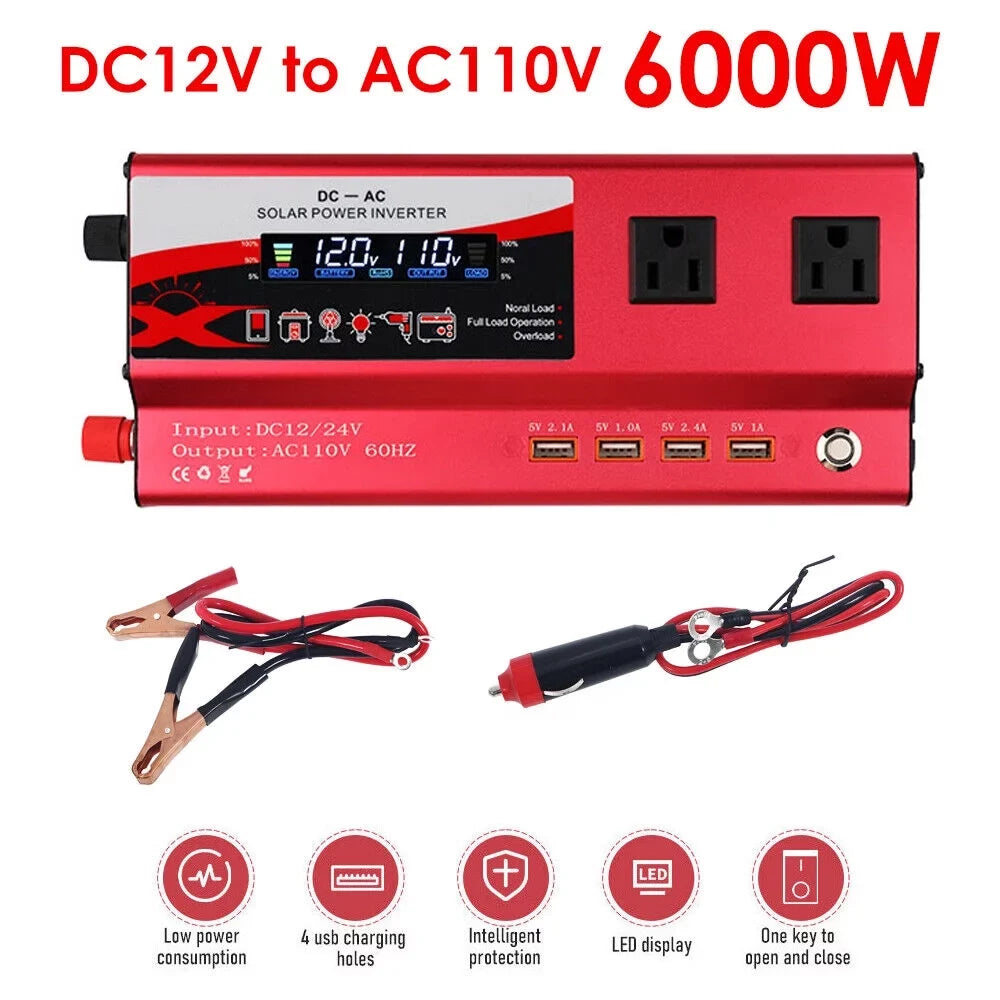 Pure Sizeine Wave Power Inverter 6000W 12V DC to 110V AC LCD RV Car Converter