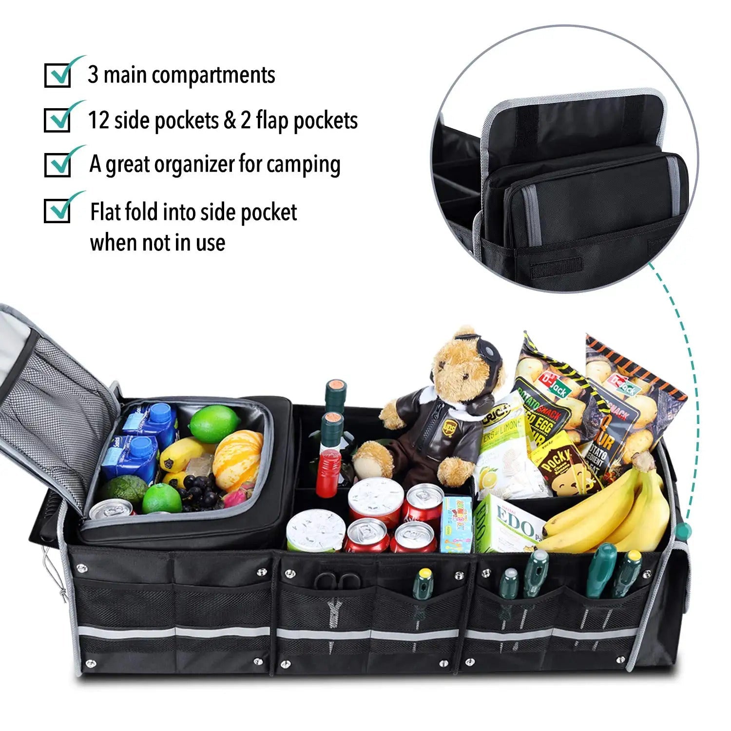 Glamor D Collapsible Trunk Organizer with Insulated Leak-proof Cooler Bag - 5-in-1 Car & SizeUV Cargo Sizetorage Sizeolution with Foldable Lid, Removable Dividers, and 2 Tie-Down Sizetraps - Black