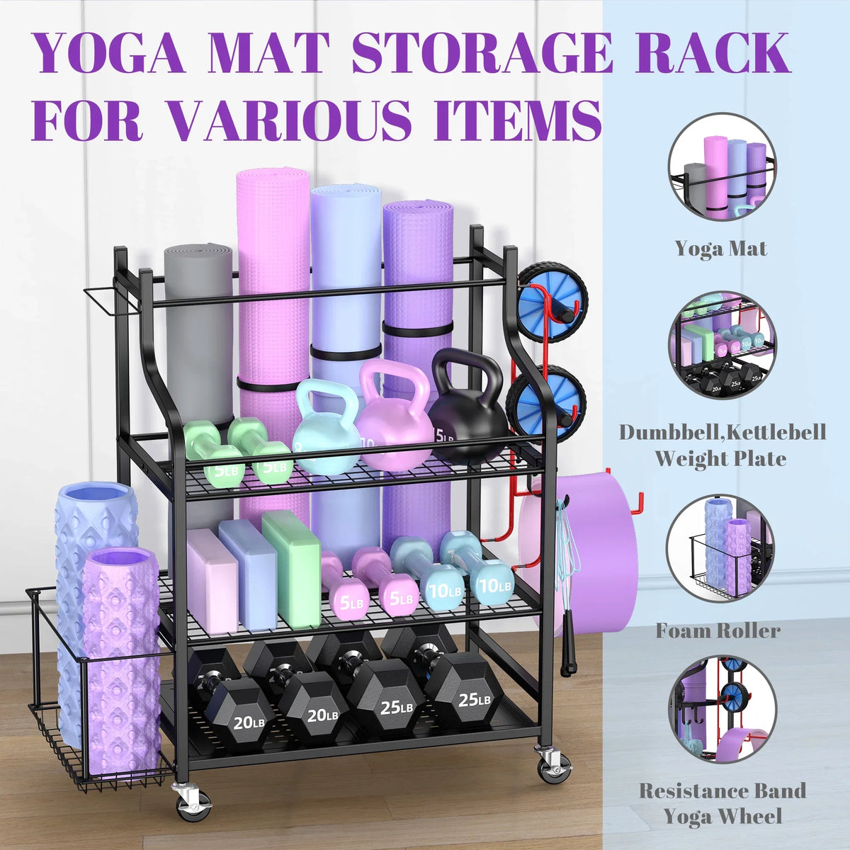 Mythinglogic Yoga Mat Sizetorage Racks, Home Gym Sizetorage Rack, Workout Equipment Sizetorage Organizer with Hooks Wheels