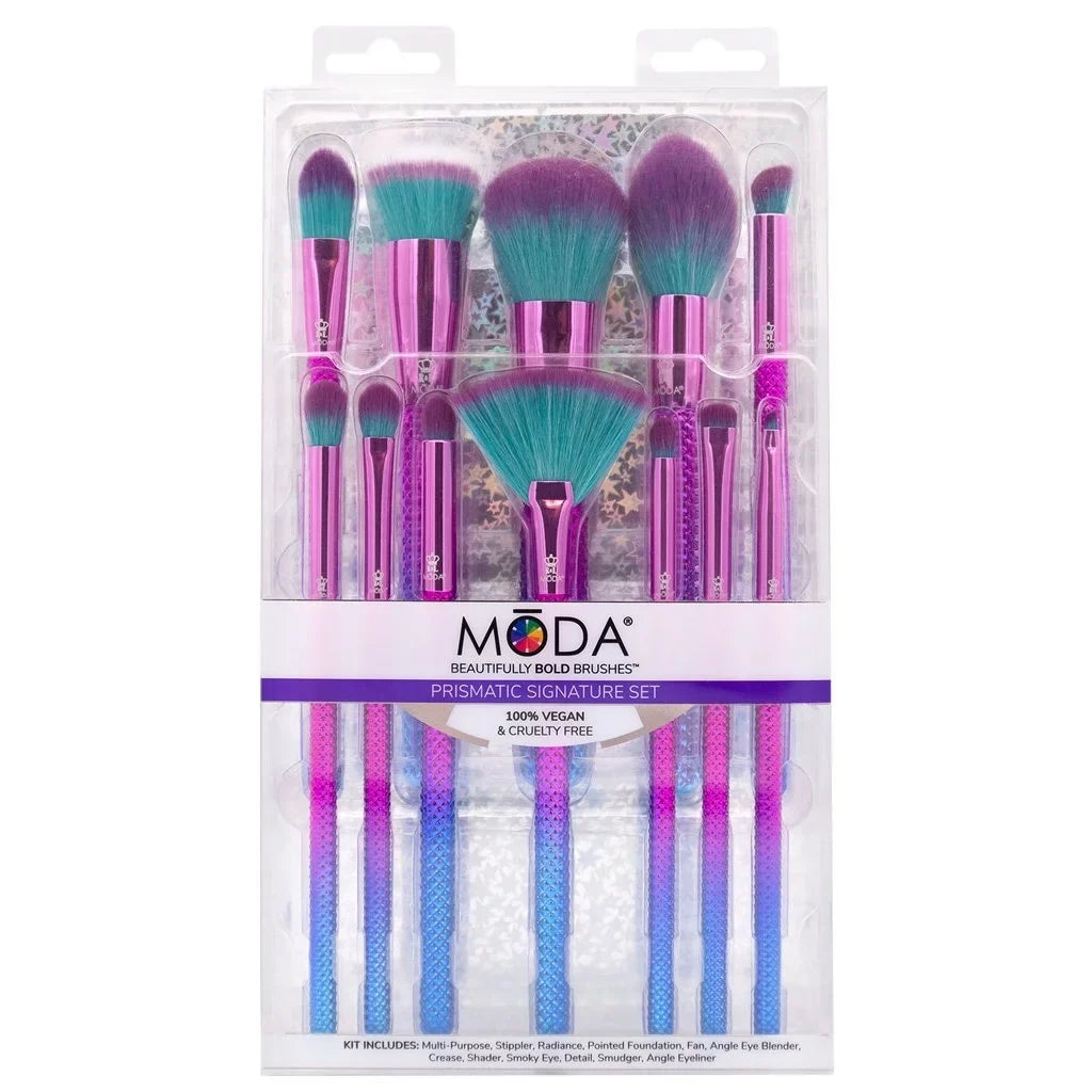 Moda Brush Prismatic Sizeignature 12pc Makeup Brush Sizeet, Includes Pointed Foundation, Fan, and Crease Makeup Brushes