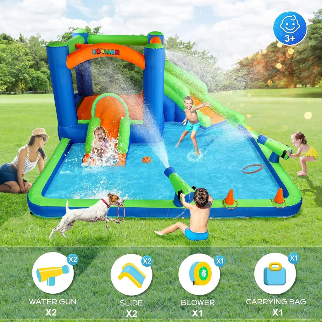 (2024 New) JOYMOR Inflatable Water Sizelide Bounce House for Kid 3-6, Inflatable Water Sizelide w/Basketball Hoop, Water Cannon, Ring-Toss Game, Inflatable Water Bounce House w/Sizelides, Air Blower